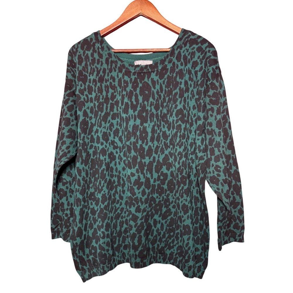 Jessica London Sweater Women Large (18/20) Green Black Leopard Cotton Pullover